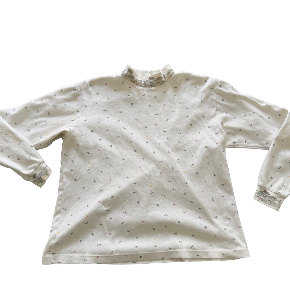 Vintage Cottagecore Ditsy Floral Mock Neck Top Cream Garden Graphic Long Sleeve